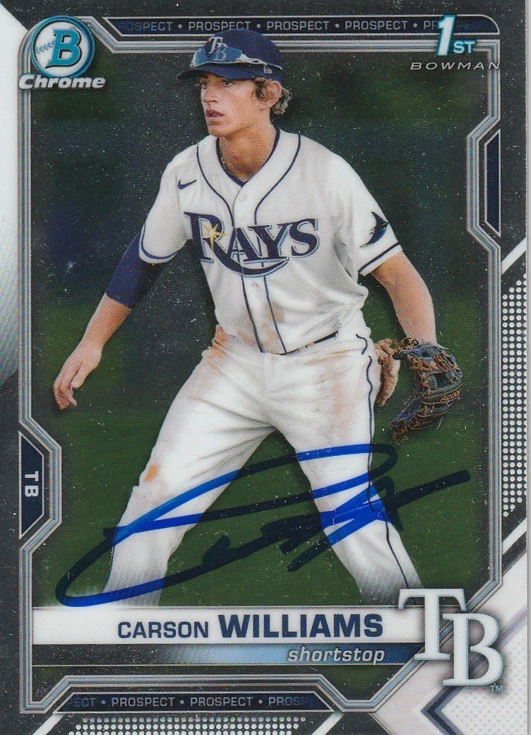 CARSON WILLIAMS TAMPA BAY RAYS SIGNED 2021 BOWMAN CHROME REFRACTOR CARD #BDC 180