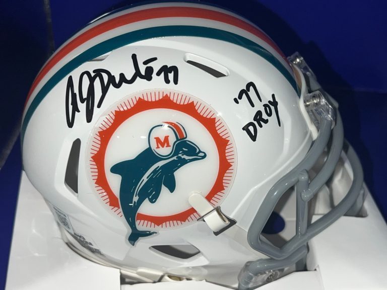 A.J. DUHE MIAMI DOLPHINS 77 ROY BECKETT AUTHENTICATED SIGNED 70'S TB MINI HELMET