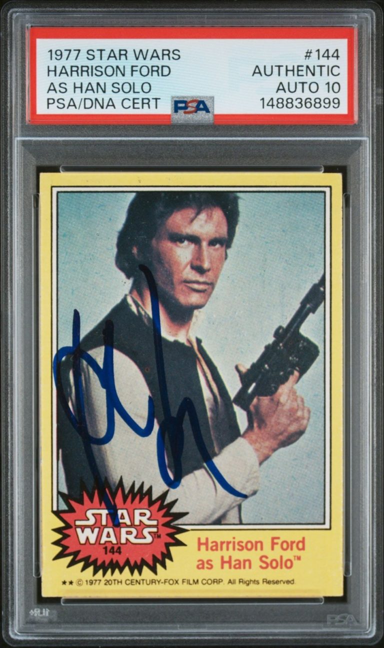 HARRISON FORD SIGNED 1977 TOPPS STAR WARS ROOKIE HAN SOLO #144 PSA AUTO 10