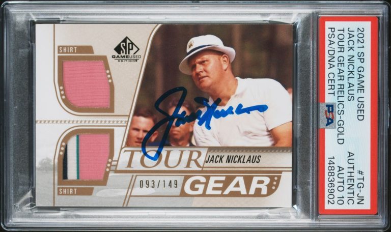 Jack Nicklaus Signed 2021 Upper Deck SP Game Used /149 Gold Gear PSA Auto 10
