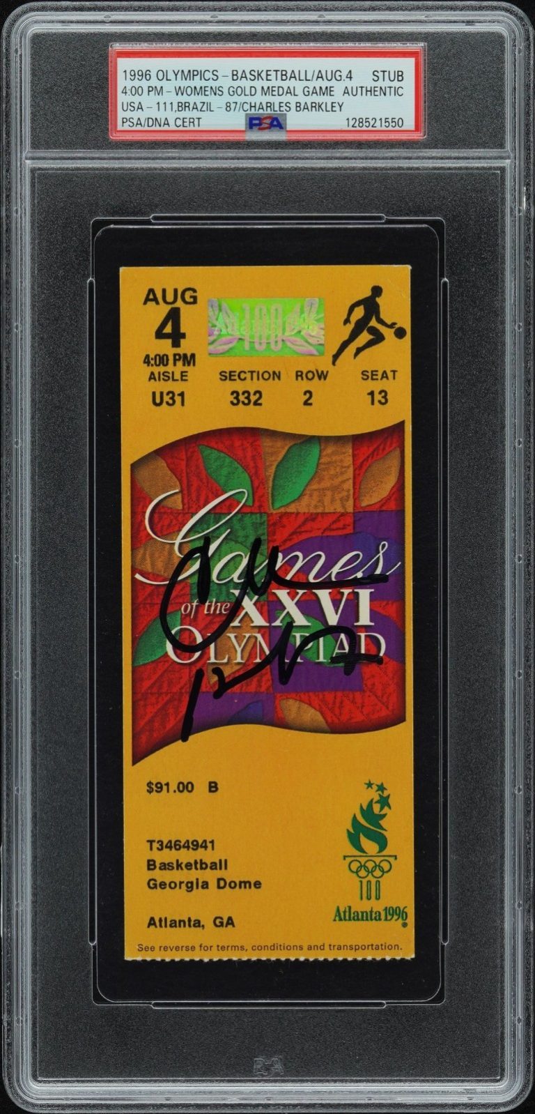 CHARLES BARKLEY SIGNED 1996 OLYMPICS BASKETBALL TICKET STUB DREAM TEAM PSA/DNA