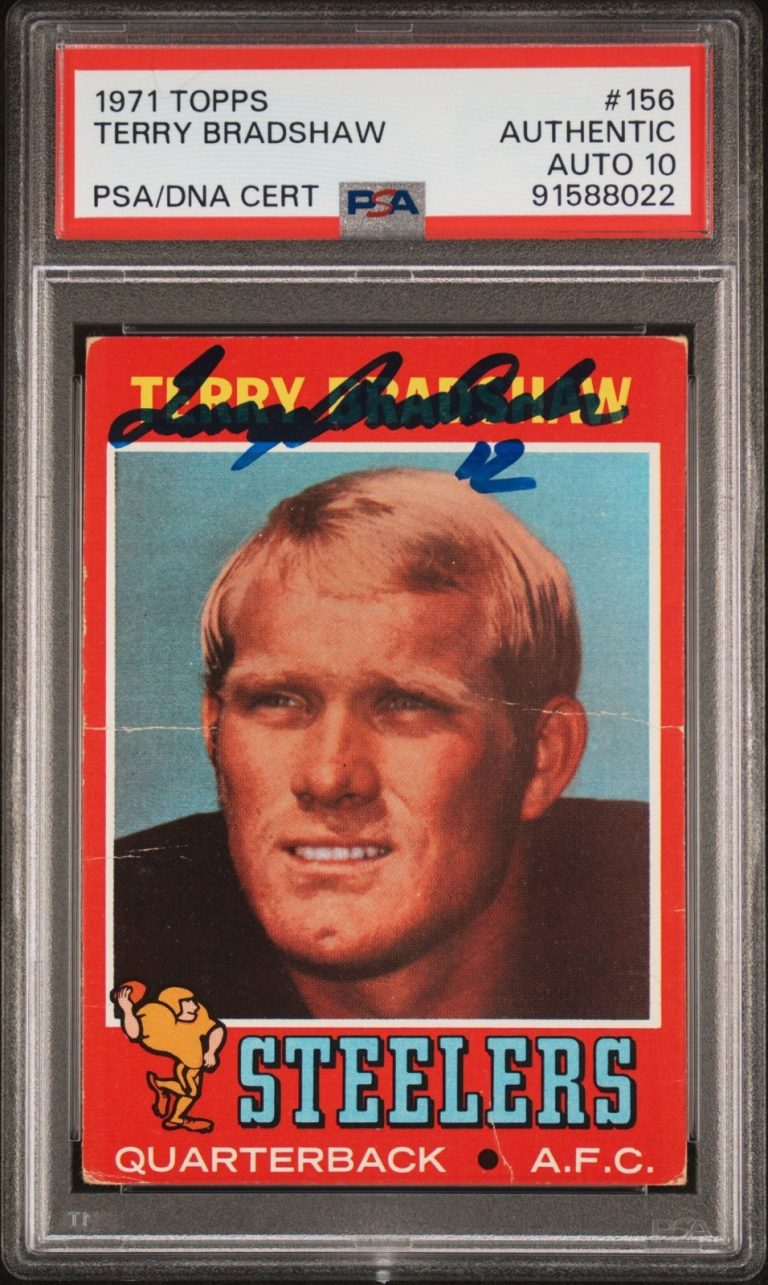 1971 Topps Terry Bradshaw Signed Steelers Football Card #156 PSA Auto 10