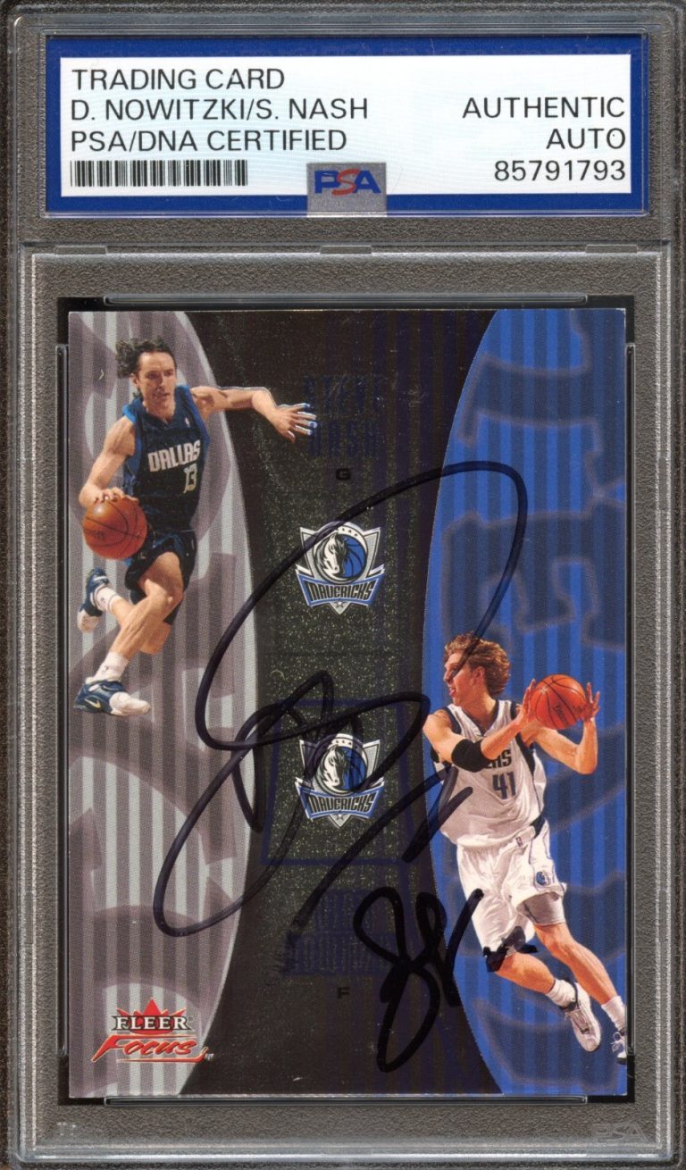 STEVE NASH & DIRK NOWITZKI SIGNED 2003-04 FLEER FOCUS TAG TEAM /350 PSA AUTO