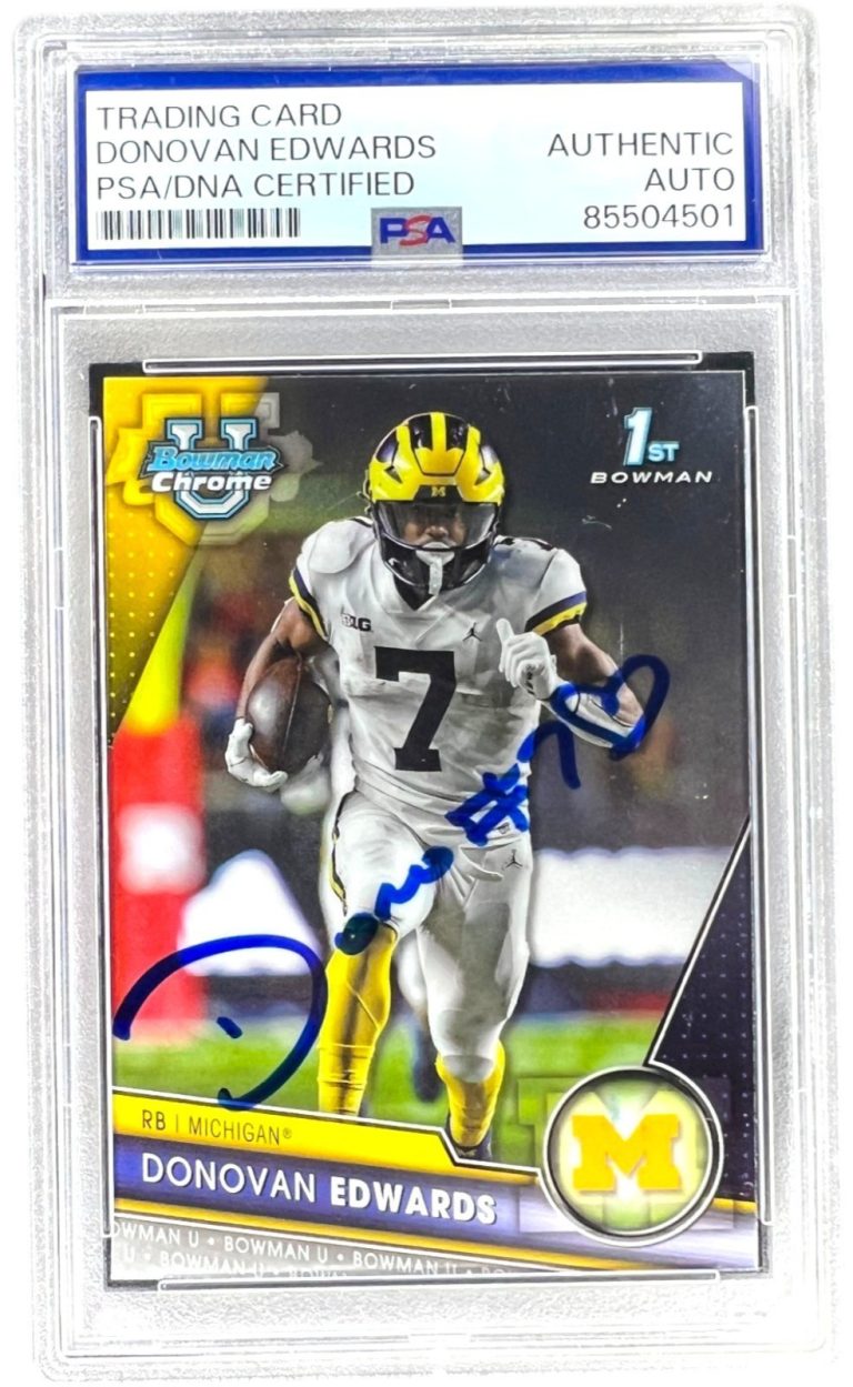 2023 Bowman University Chrome 1st Donovan Edwards Signed Michigan RC PSA Auto
