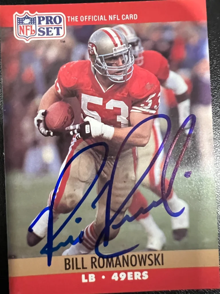 BILL ROMANOWSKI SAN FRANCISCO 49ERS SIGNED 1990 PRO SET CARD #642