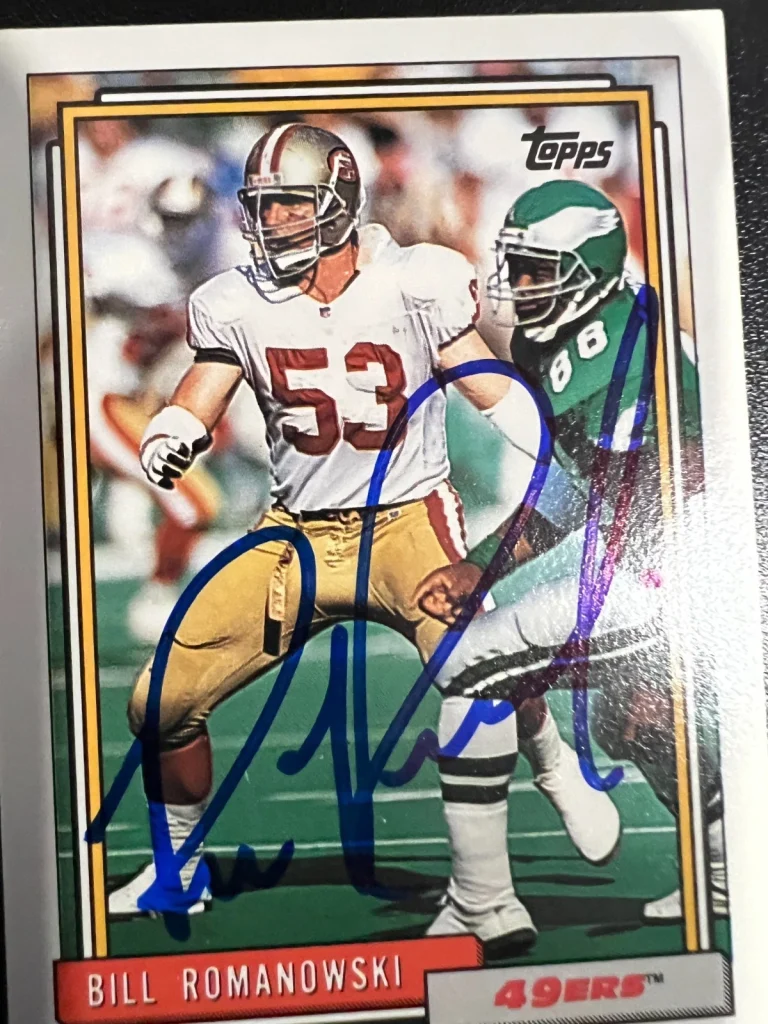 BILL ROMANOWSKI SAN FRANCISCO 49ERS SIGNED 1992 TOPPS CARD #220