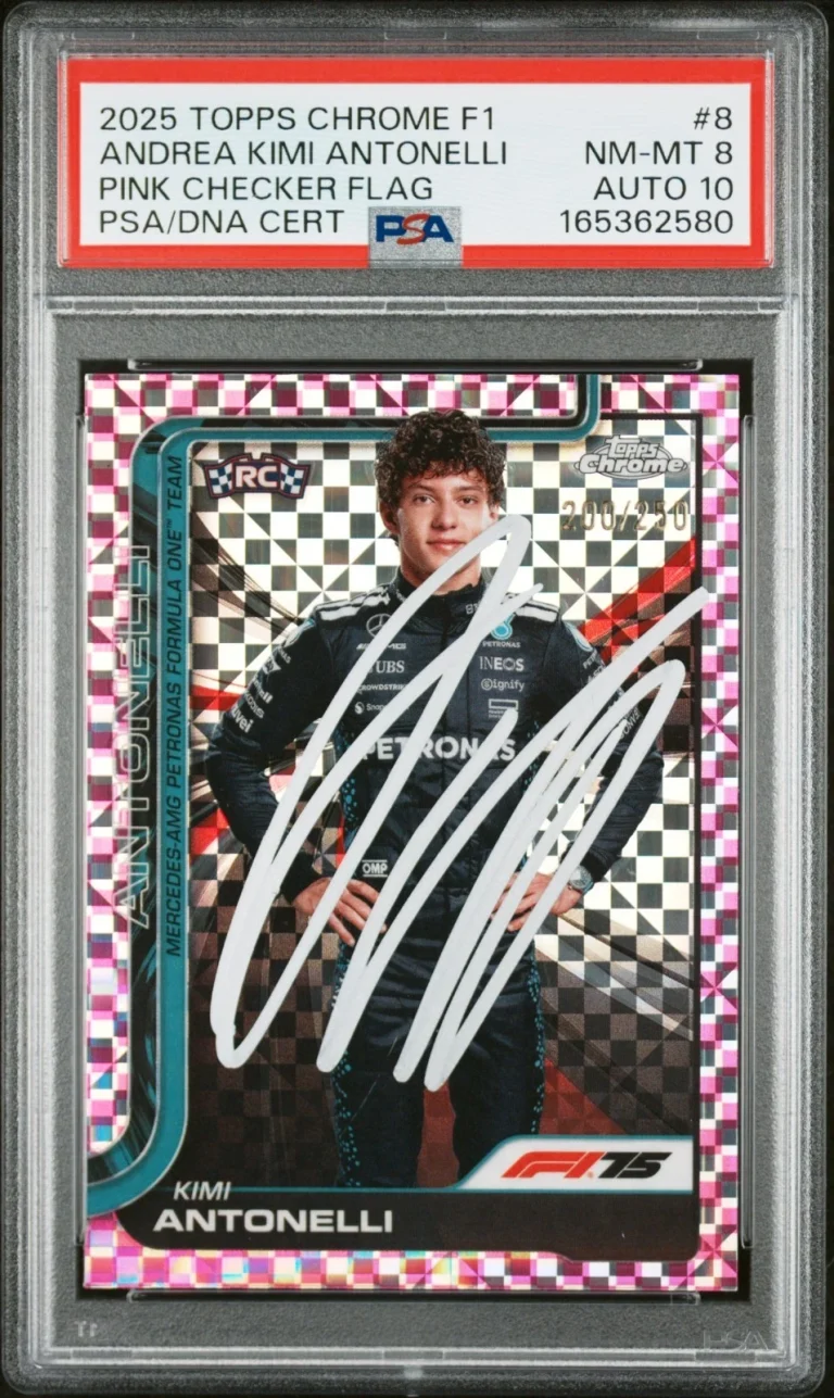 2025 Topps Chrome F1 Andrea Kimi Antonelli Pink Checkered Flag RC PSA 8 Auto 10