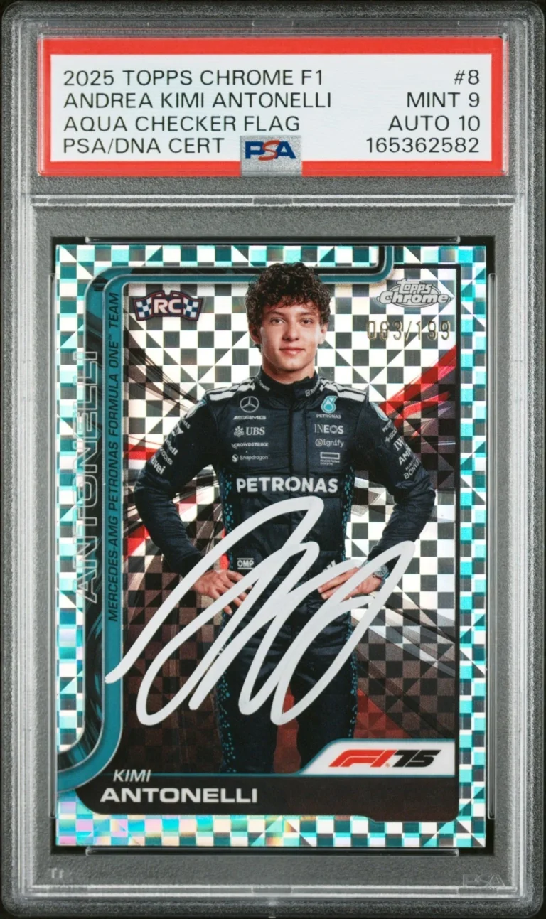 Kimi Antonelli Signed 2025 Topps Chrome F1 Aqua Checker Flag RC /199 PSA Auto 10