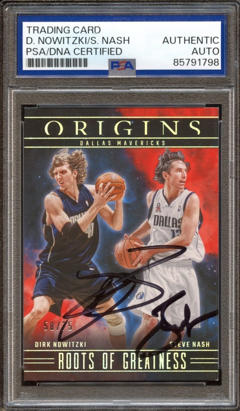 STEVE NASH DIRK NOWITZKI 2023 PANINI ORIGINS ROOTS OF GREATNESS RED /75 PSA AUTO