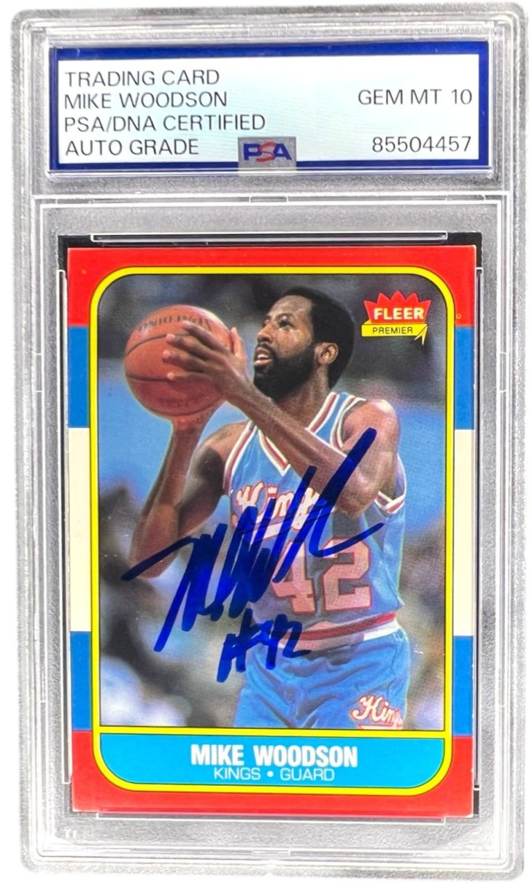 MIKE WOODSON SIGNED KINGS 1986 FLEER #129 BASKETBALL CARD PSA AUTO 10