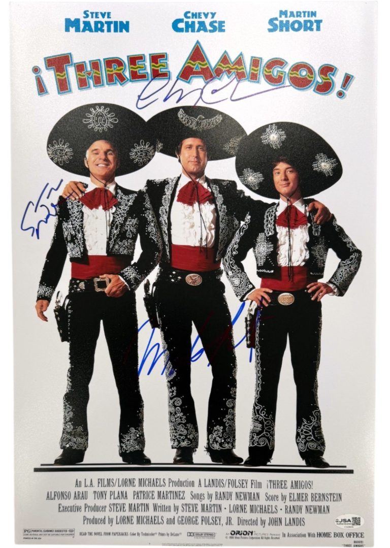 MARTIN SHORT STEVE MARTIN CHEVY CHASE SIGNED THREE AMIGOS 12X18 MOVIE POSTER JSA