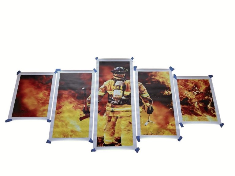 five-panel canvas artwork depicting a firefighter in action