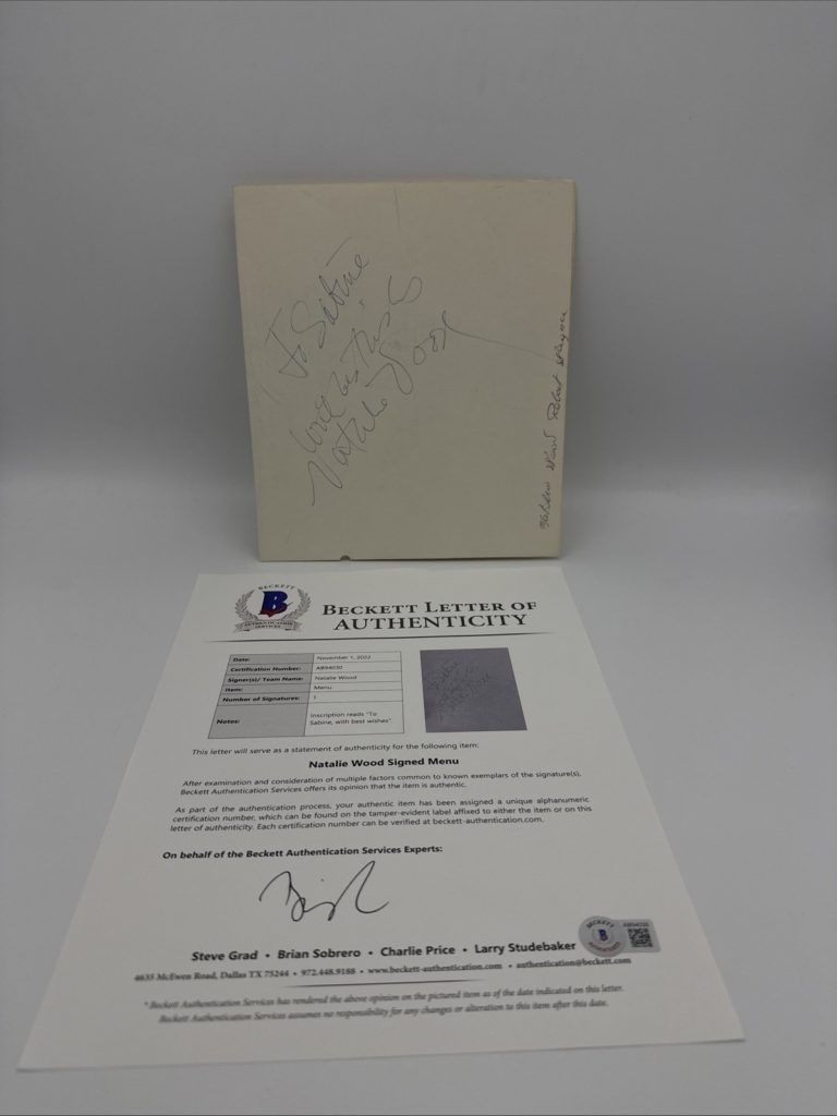 NATALIE WOOD Signed Autographed MENU Beckett LOA AUTHENTIC AUTO