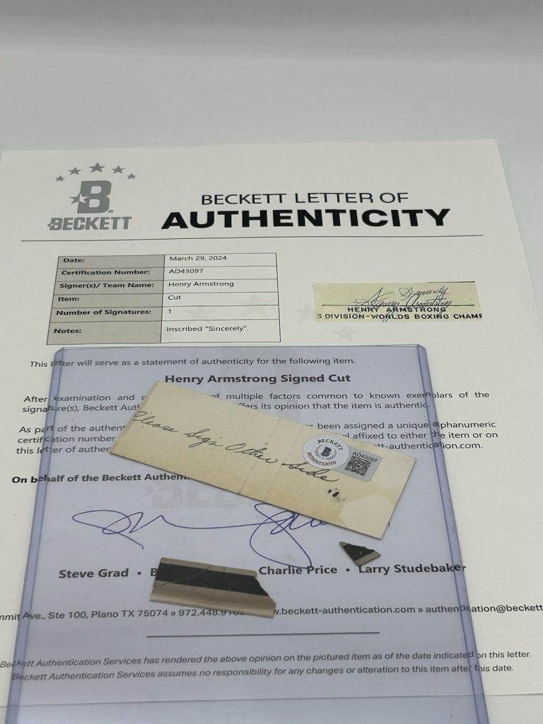 Henry Armstrong Signed Cut Card - COA BECKETT INSCRIBED