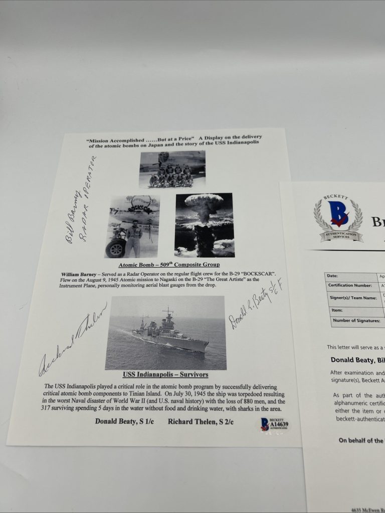 Donald Beaty Bill Barney Richard Thelen WWII delivered A-Bomb SIGNED Beckett