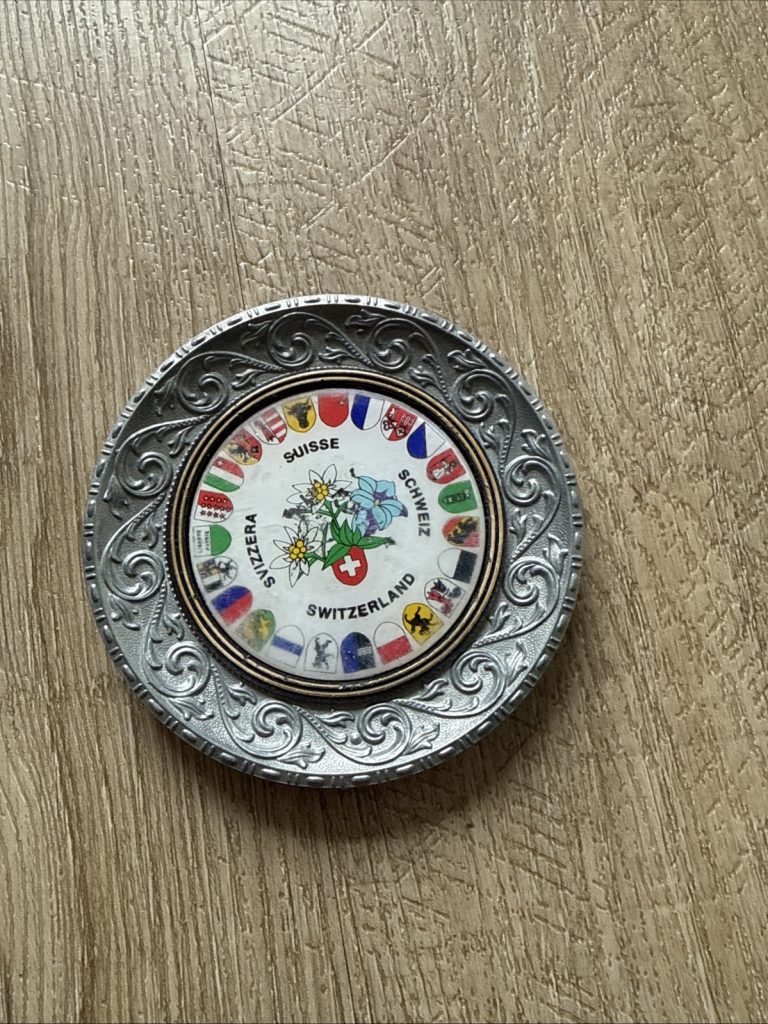 Vintage Switzerland Souvenir Pewter Rimmed Plate Suisse Schweiz Svizzera Potter