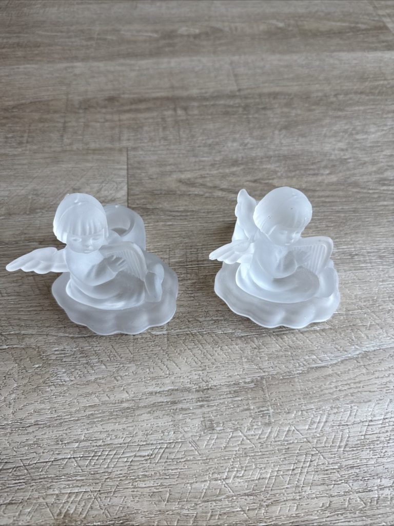 Frosted Glass Angel Candlestick Holders Set of 2 Christmas Harp Holiday