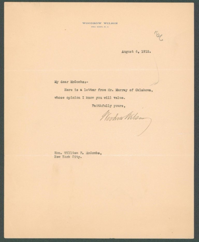 Woodrow Wilson Signed 1912 Letter Beckett Authenticated Presidential Autograph