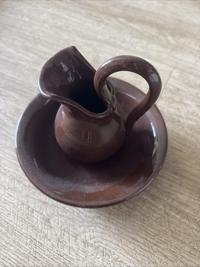 Vintage Brown Ceramic Mini Pitcher & Basin Bowl Set - Creamer Sugar Dish Decor