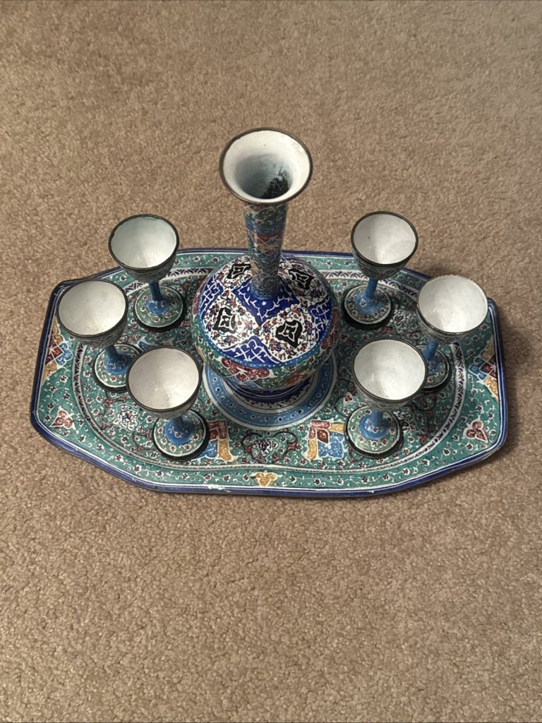 Vintage Handmade Persian Minakari Enamel Tray Decanter Cordial Set