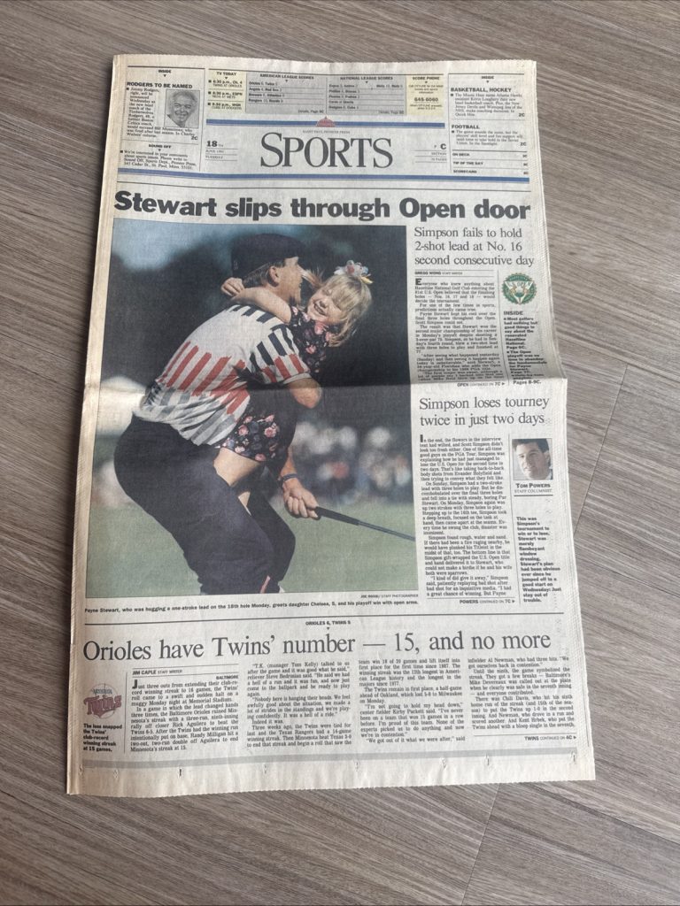 1991 Pioneer Press Sports Page Payne Stewart U.S. Open Golf Twins Orioles Game