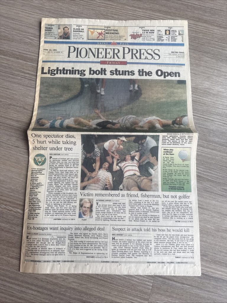 1991 Pioneer Press Lightning Strikes U.S. Open Hazeltine Golf Vintage Newspaper