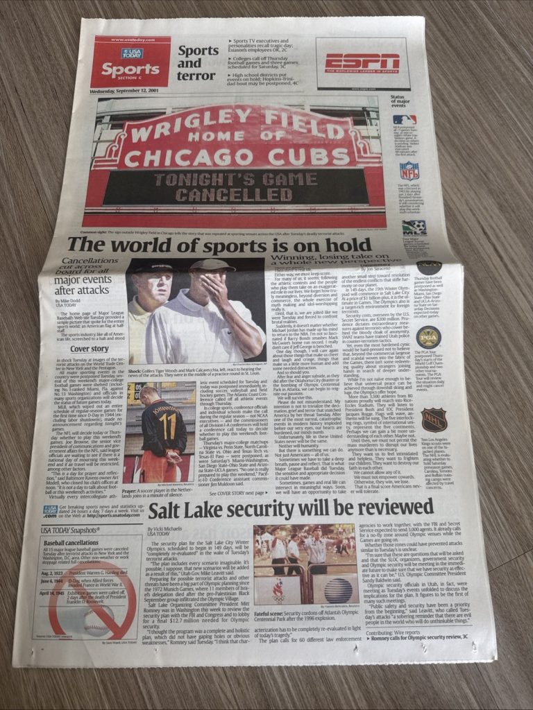 USA Today Sports Section Sept 12 2001 Newspaper 9/11 Terror Attacks Cancelled