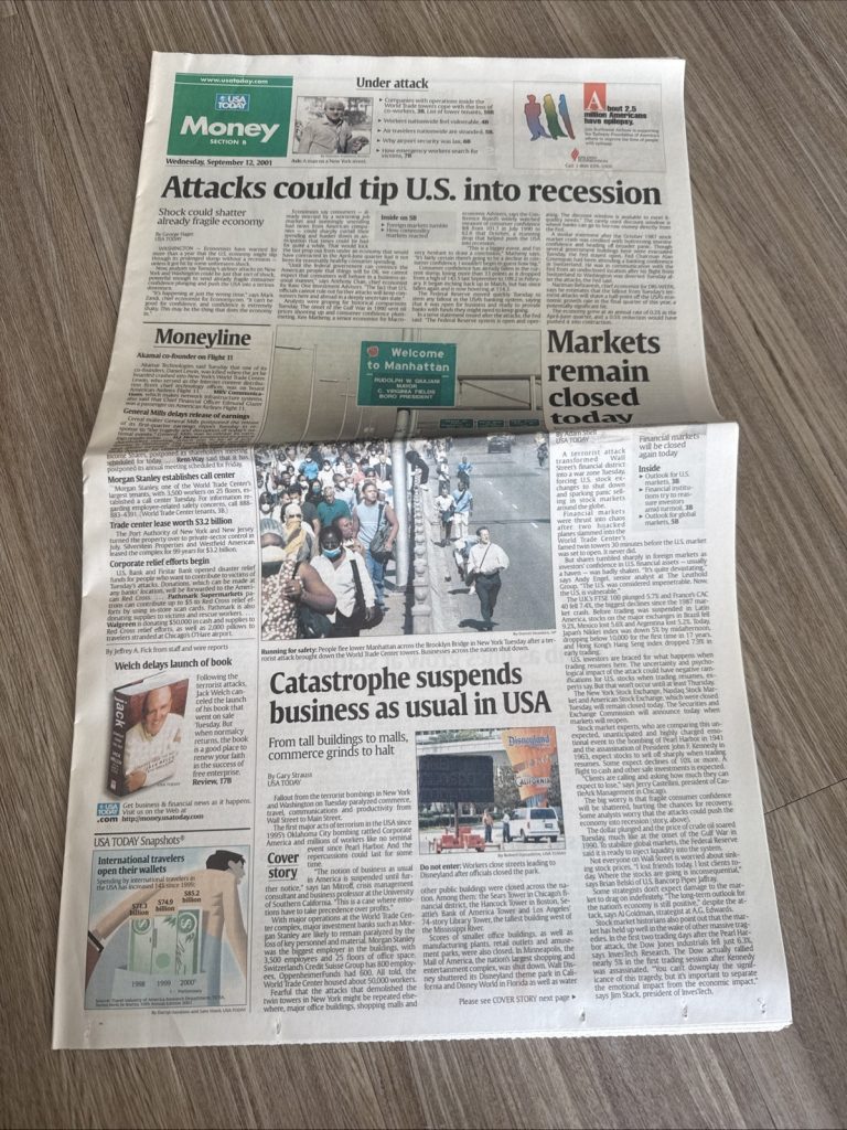 USA Today Money Section Sept 12 2001 Newspaper 9/11 Terror Attacks Economy