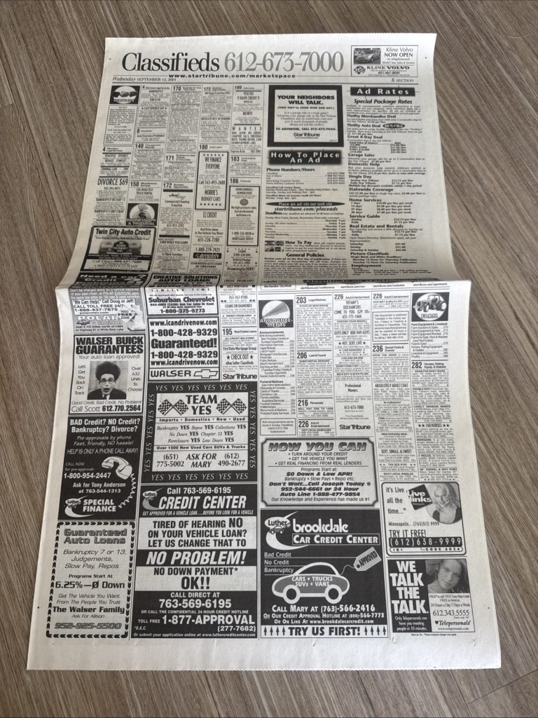 Star Tribune Sept 12 2001 Classifieds Ads Jobs Auto MN Newspaper 9/11 Issue
