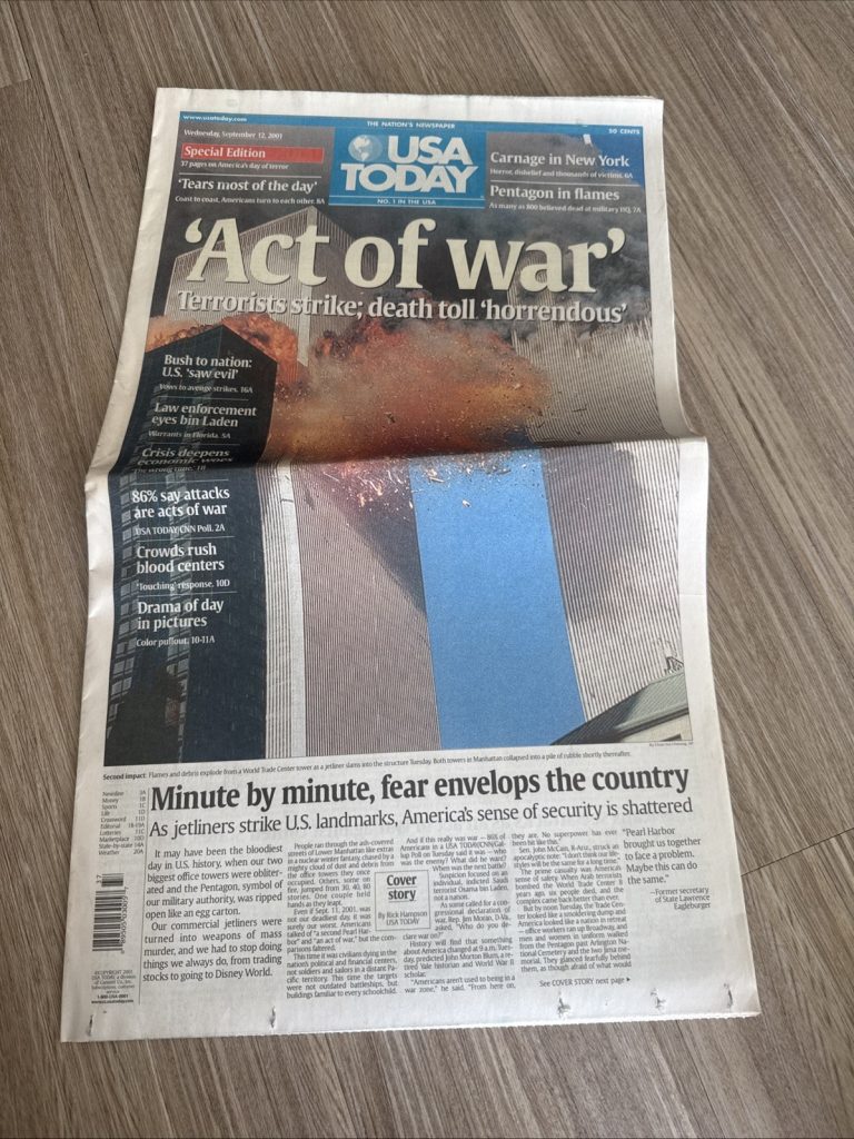USA Today Sept 12 2001 Newspaper 9/11 Terrorist Attacks “Act of War” Issue