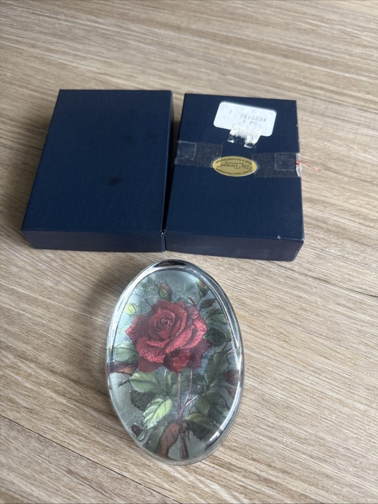 Vintage English Glass Paperweight Red Rose Oval Via Vermont UK w/ Box