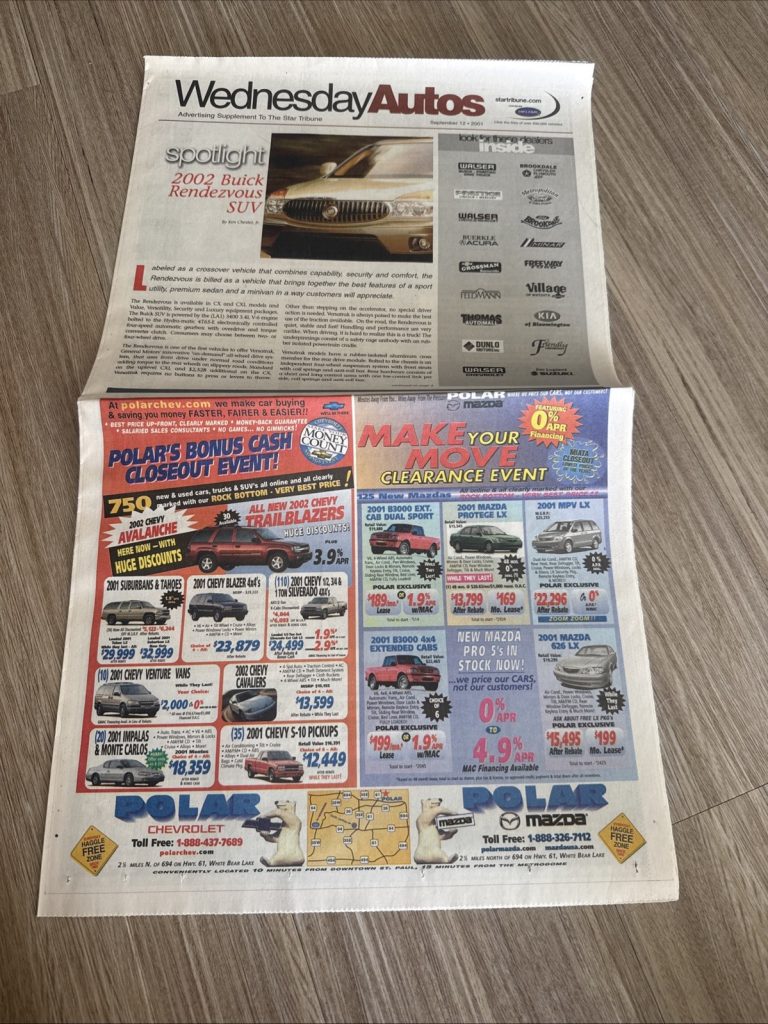Star Tribune Sept 12 2001 Wednesday Autos Car Ads MN Newspaper 9/11 Issue