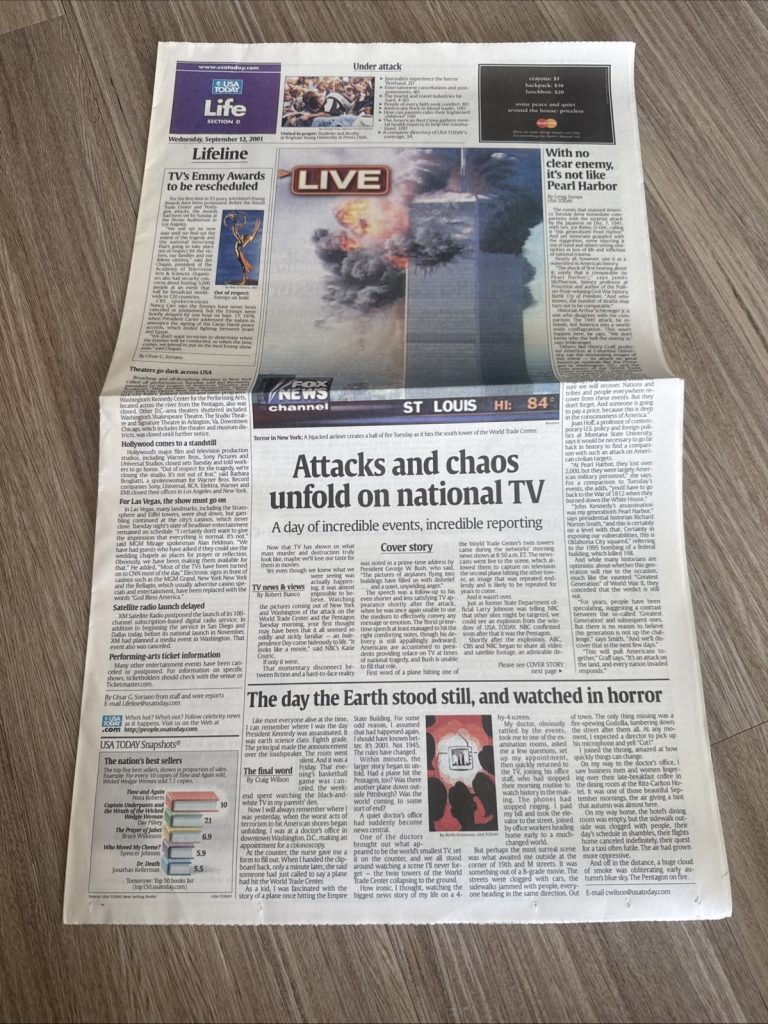 USA Today Life Section Sept 12 2001 Newspaper 9/11 Terror Attacks TV Media