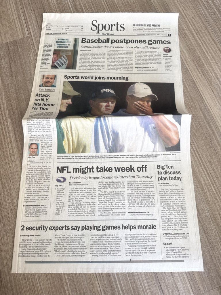 Star Tribune Sports Sept 12 2001 Newspaper 9/11 Baseball NFL Tiger Woods