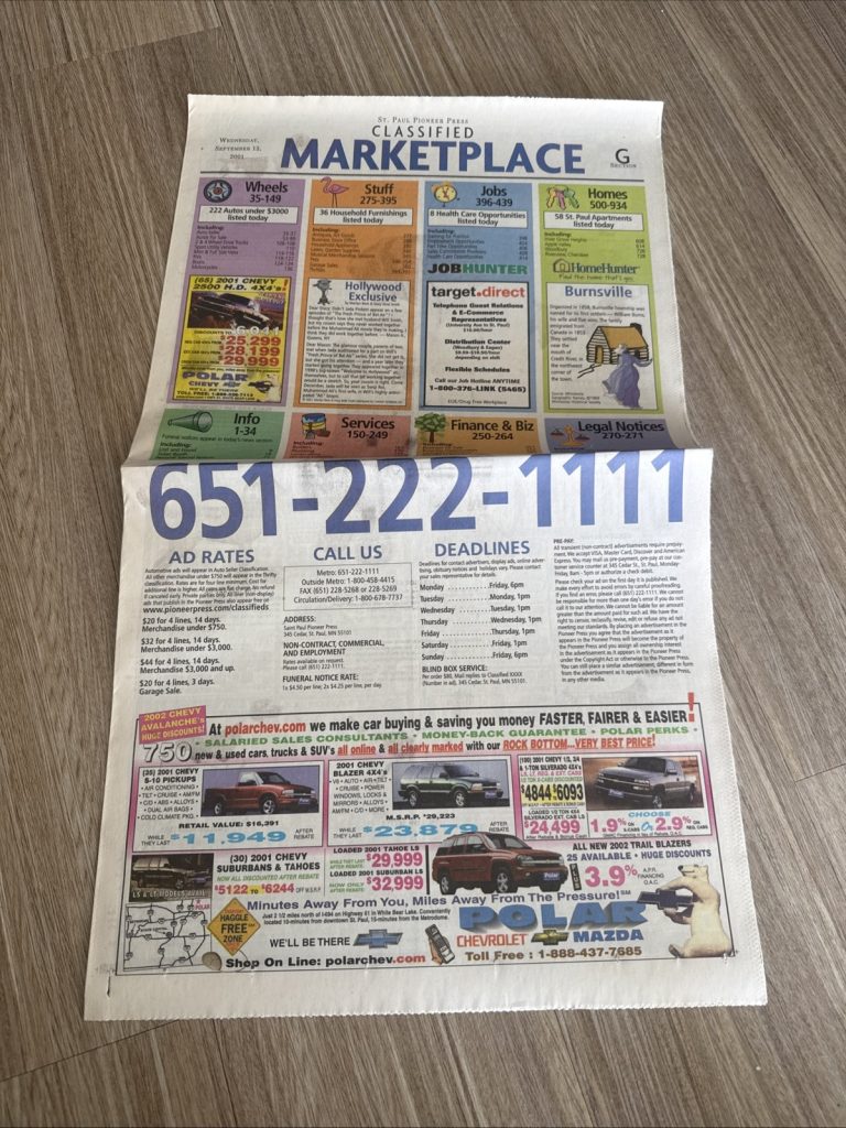 Pioneer Press Sept 12 2001 Classified Marketplace Ads Section G Newspaper