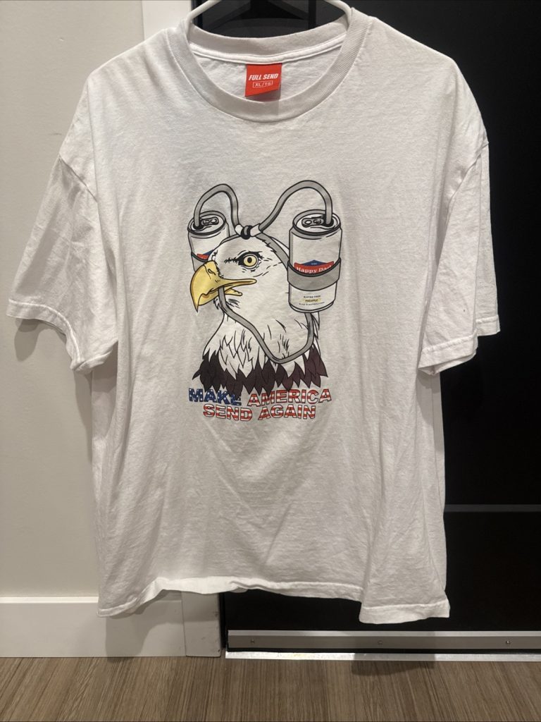 Full Send XL T-Shirt White Eagle Beer Helmet Make America Send Again Tee