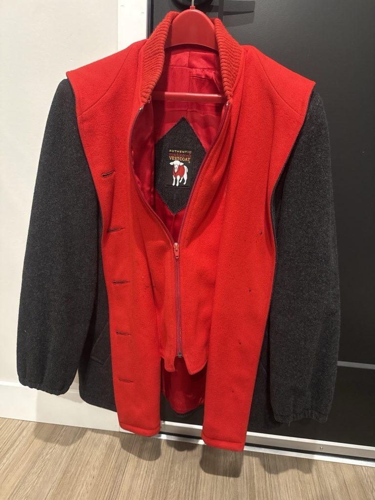 Vintage Authentic Mackintosh Vestcoat Red Gray Wool Hooded Coat Size 10