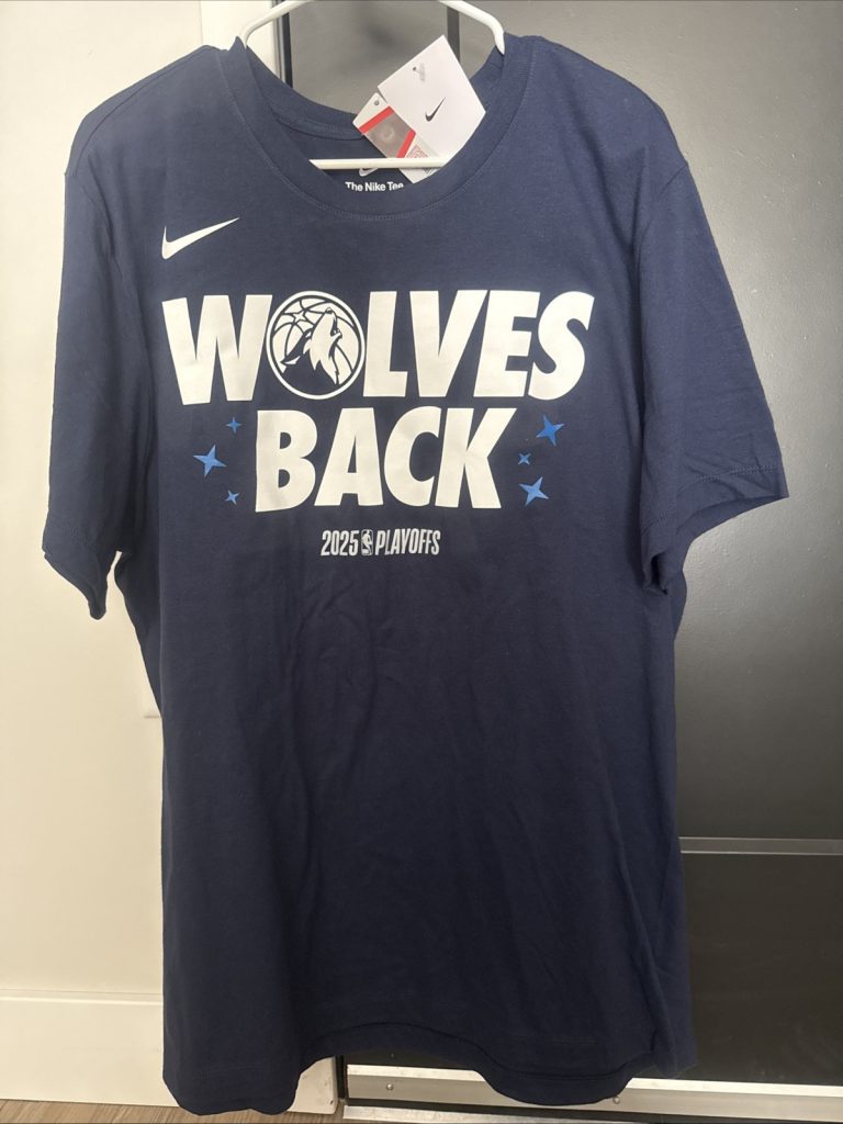 Nike Minnesota Timberwolves “Wolves Back” 2025 Playoffs T-Shirt Navy Men’s XL