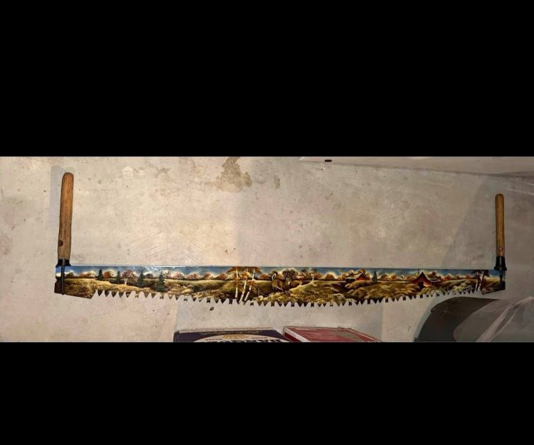 Vintage Hand Painted Crosscut Saw Wall Art Rustic Farm Deer Barn Scene Signed