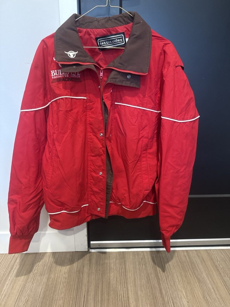 Vintage Bull’s-Eye BBQ Racing Jacket Red Latitudes USA Made Large NASCAR Promo