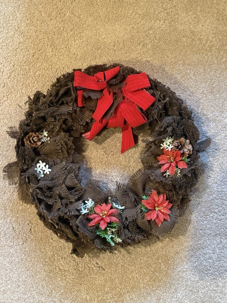 Christmas Wreath Burlap Red Bow Poinsettias Pinecones Rustic Holiday Door Decor