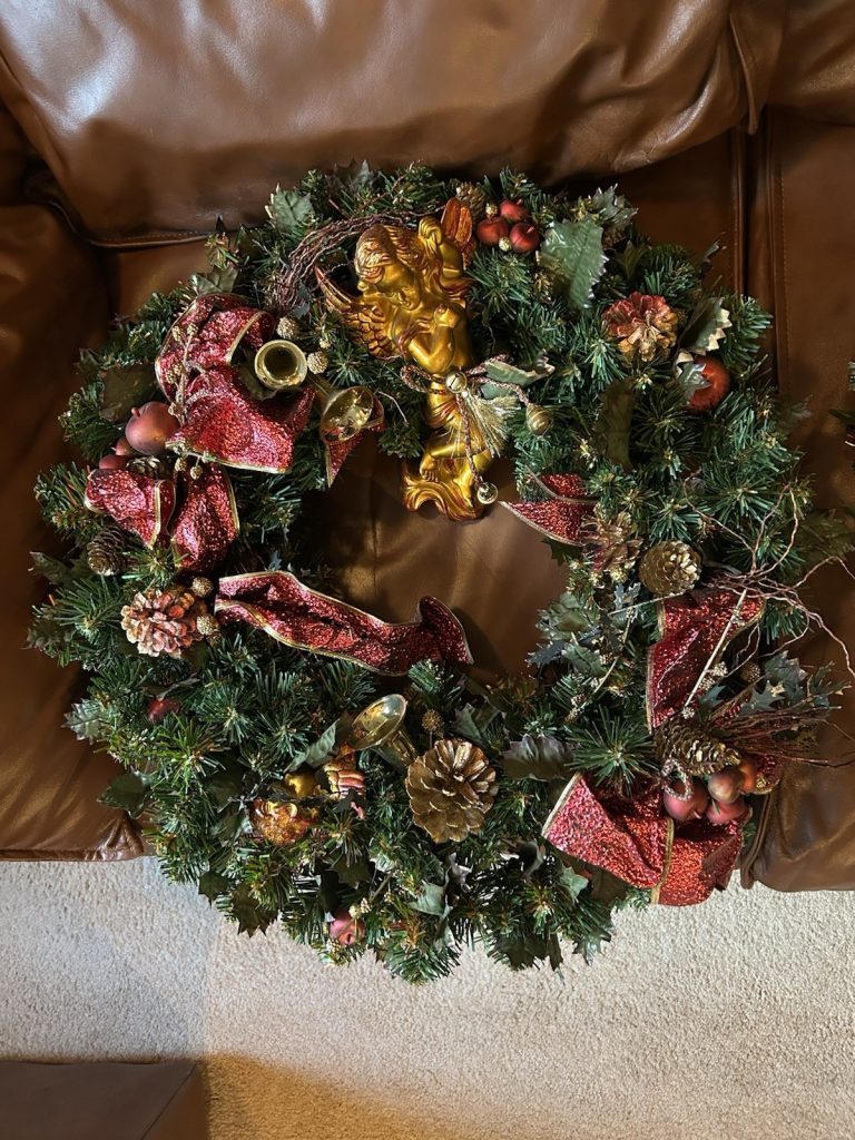Christmas Wreath Large Angel Figurine Red Ribbon Pinecones Ornaments Holiday