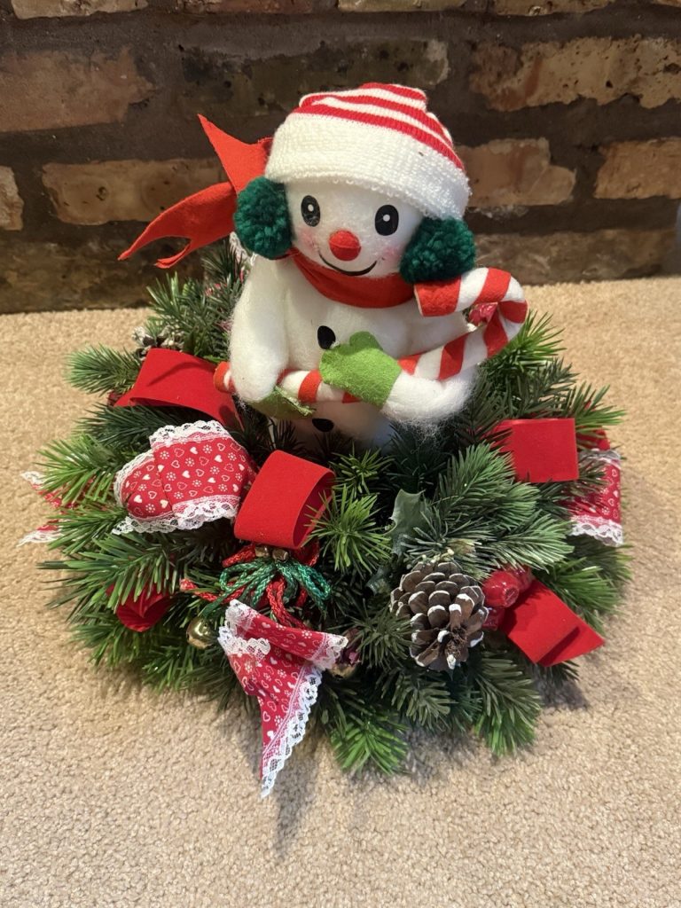 Christmas Centerpiece Snowman Plush Candy Cane Pine Greenery Red Bow Holiday