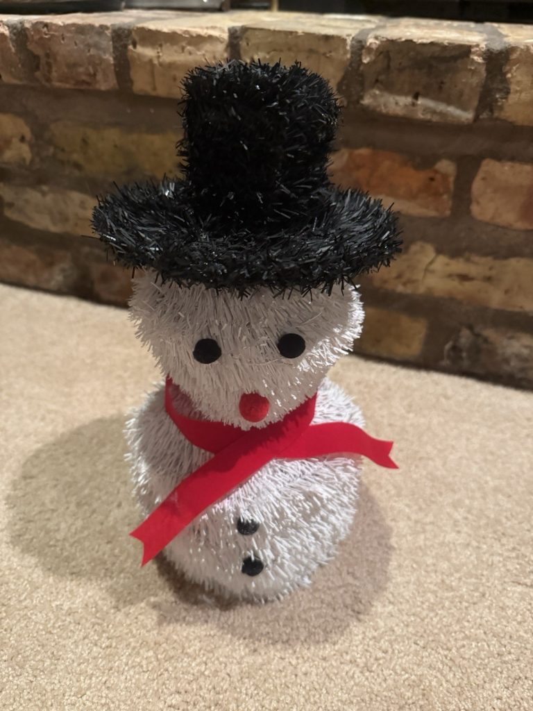 Vintage Snowman Christmas Decoration Tinsel Figure Black Hat Red Scarf