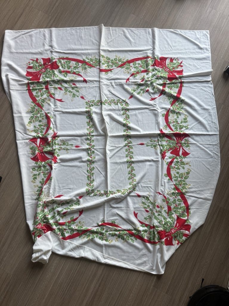 Vintage Christmas Tablecloth Red Green Holly Bows Holiday Table Decor Cotton