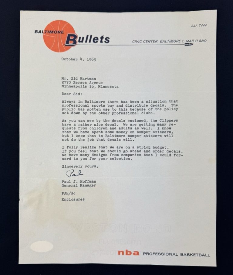 Paul Hoffman Signed 1963 Baltimore Bullets Letter JSA Authenticated