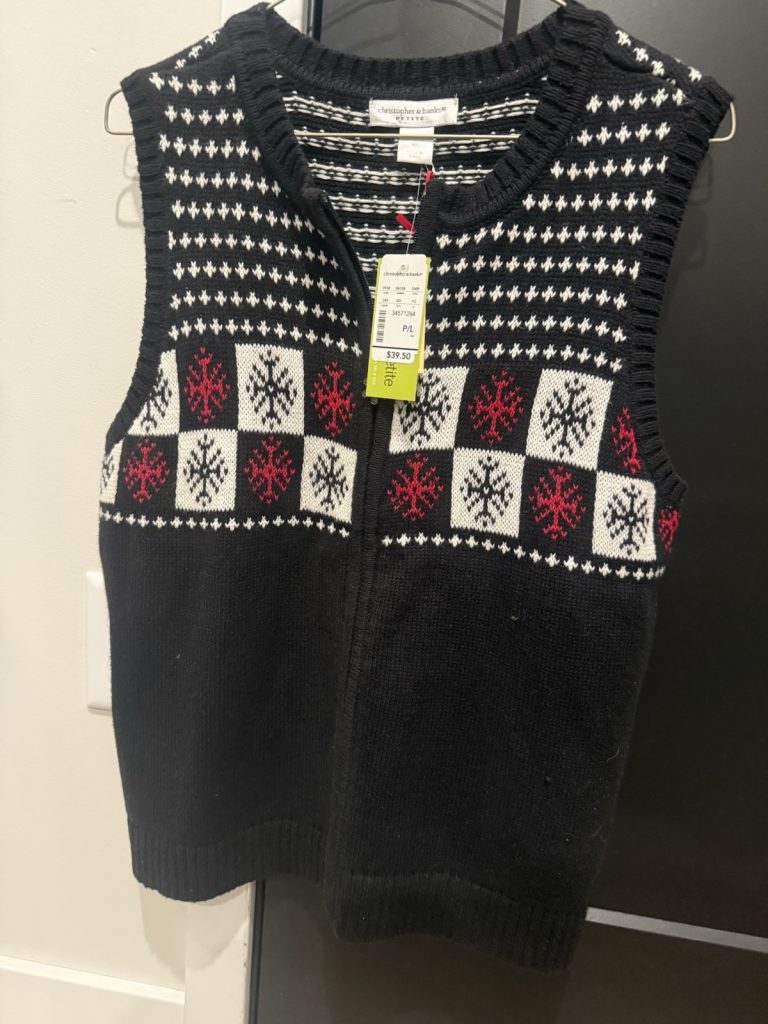 Christopher & Banks Petite Zip Sweater Vest Black Red Snowflake P/L NWT