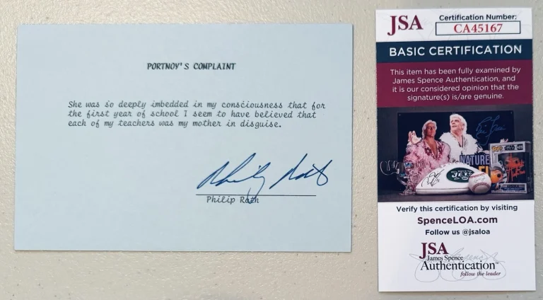 Philip Roth Signed Autographed 4x6 Card w Portnoy’s Complaint Quote JSA Author