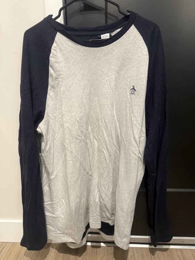 Original Penguin Men’s XL Gray Navy Raglan Long Sleeve T-Shirt Logo Top