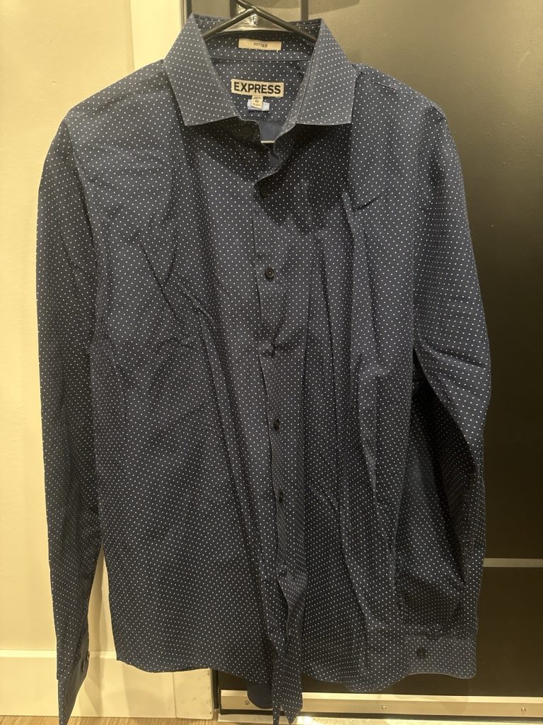 Express Men’s Fitted Dress Shirt Navy Blue Polka Dot Long Sleeve Size XL